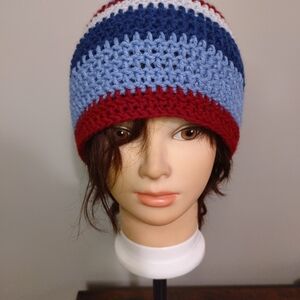 Blue Red Gray Handmade Striped Crochet Beanie